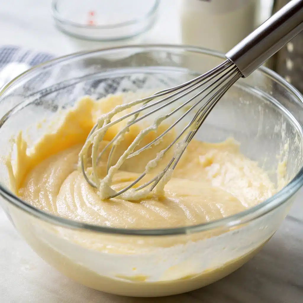 Whisking eggs and Greek yogurt in a glass bowl until the batter is smooth.