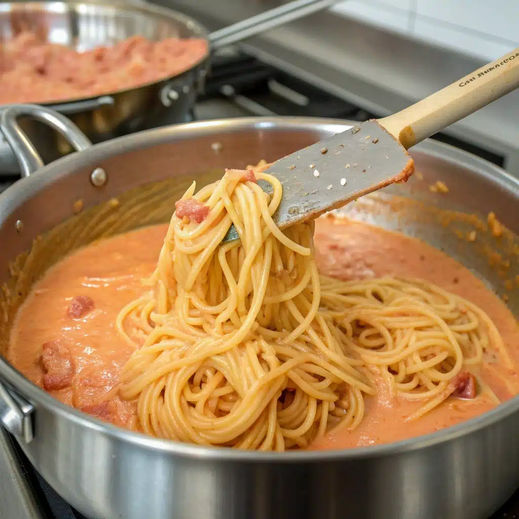Combining the cooked gluten-free spaghetti with the creamy sausage and marinara sauce in a large pot before baking.