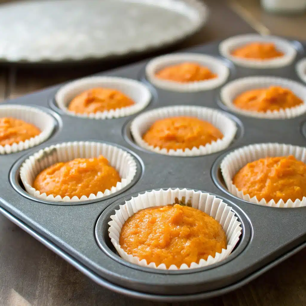 A muffin pan lined with paper cups and filled with raw gluten free pumpkin muffin batter before baking.