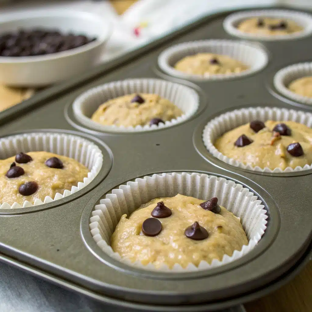 A muffin tin filled with batter for Gluten-Free Banana Muffins, topped with chocolate chips and ready to bake