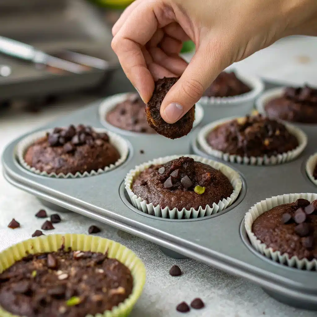 Scooping the batter for Gluten Free Chocolate Zucchini Muffins into a muffin tin and topping with extra chocolate chips before baking.