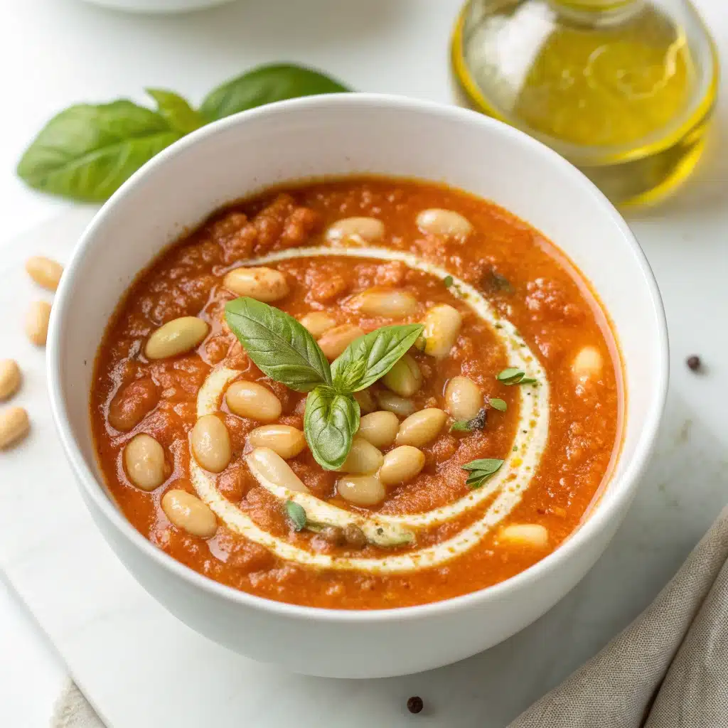 A perfect bowl of Creamy Tomato White Bean Stew on a clean white background.