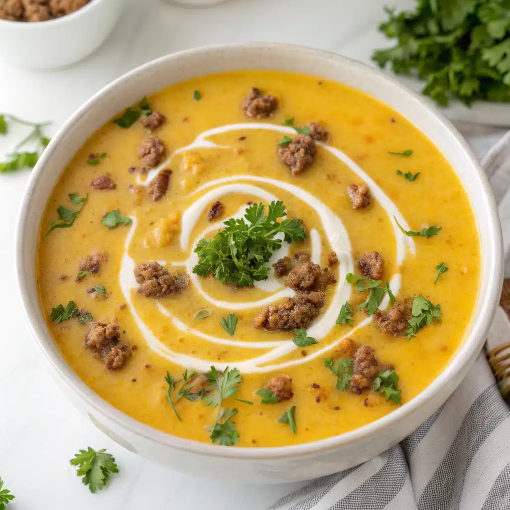 A perfect bowl of creamy gluten free cheeseburger soup, garnished and ready to eat.