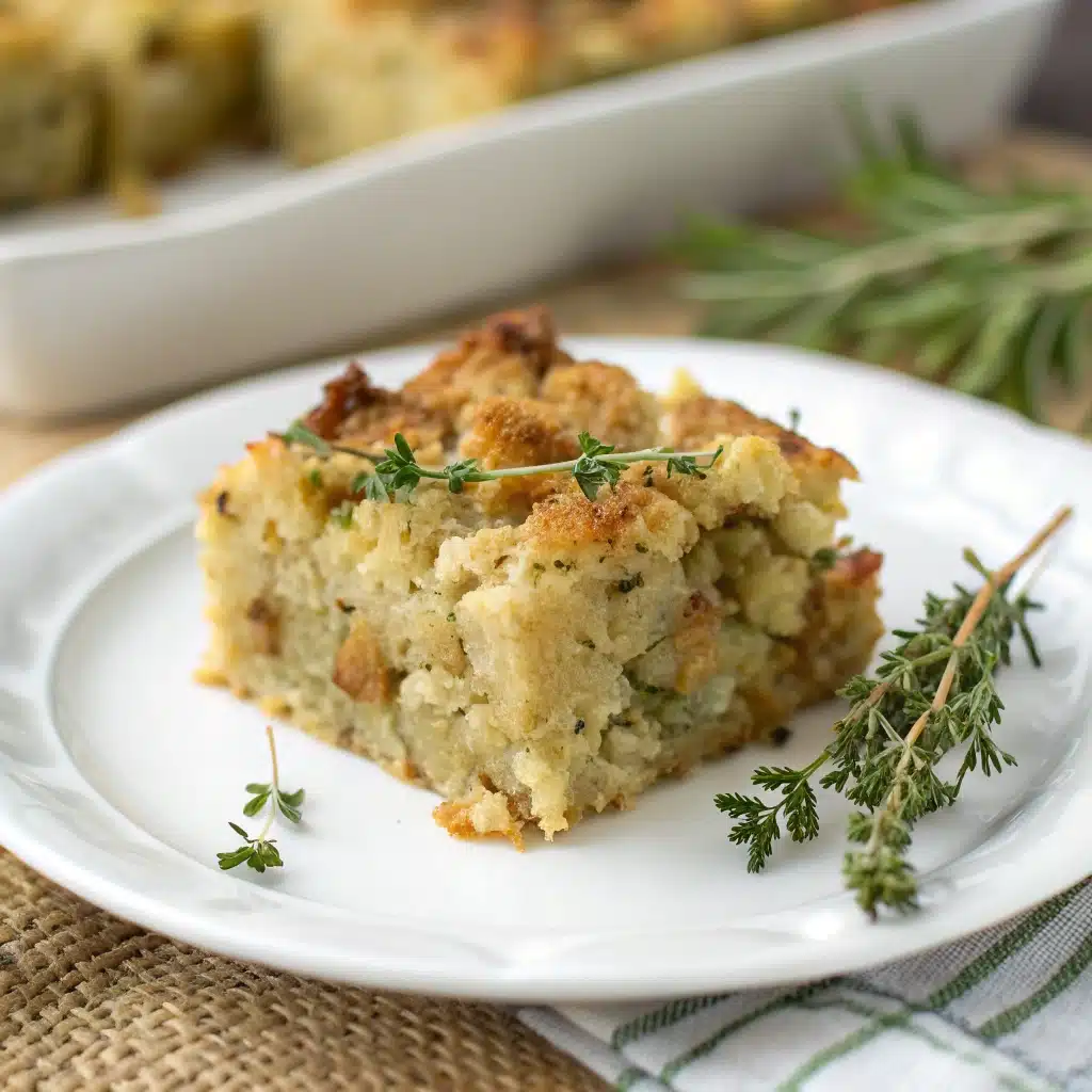 A perfect serving of the homemade gluten free stuffing recipe on a white plate.