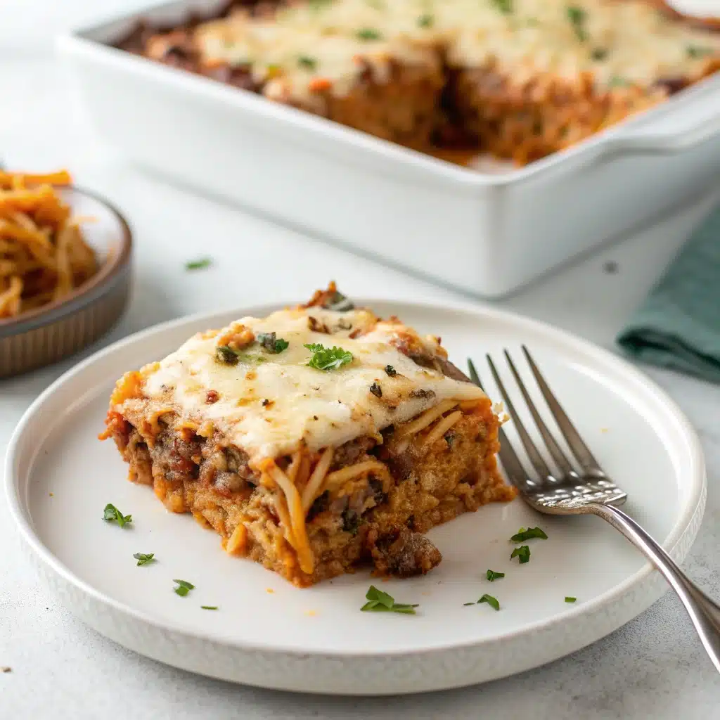 A perfect square serving of the Gluten-Free Spaghetti Bake Casserole on a white plate.