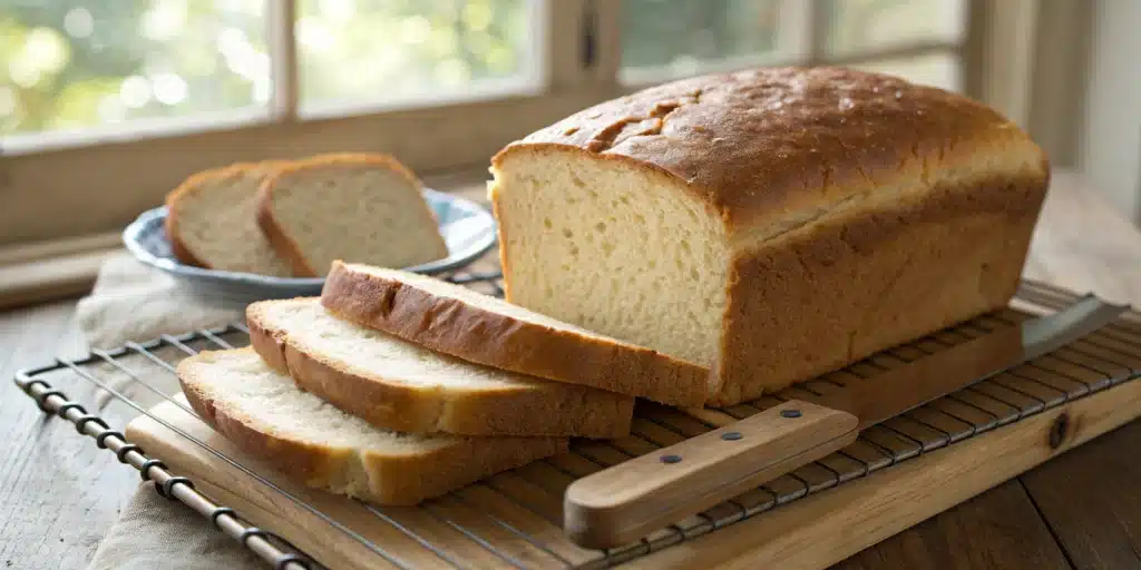 A beautiful golden loaf of gluten free sandwich bread with two slices cut to show the soft interior.