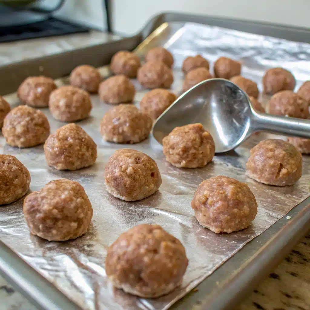 Uncooked Gluten-Free Meatballs arranged on a foil-lined baking sheet, ready for the oven.