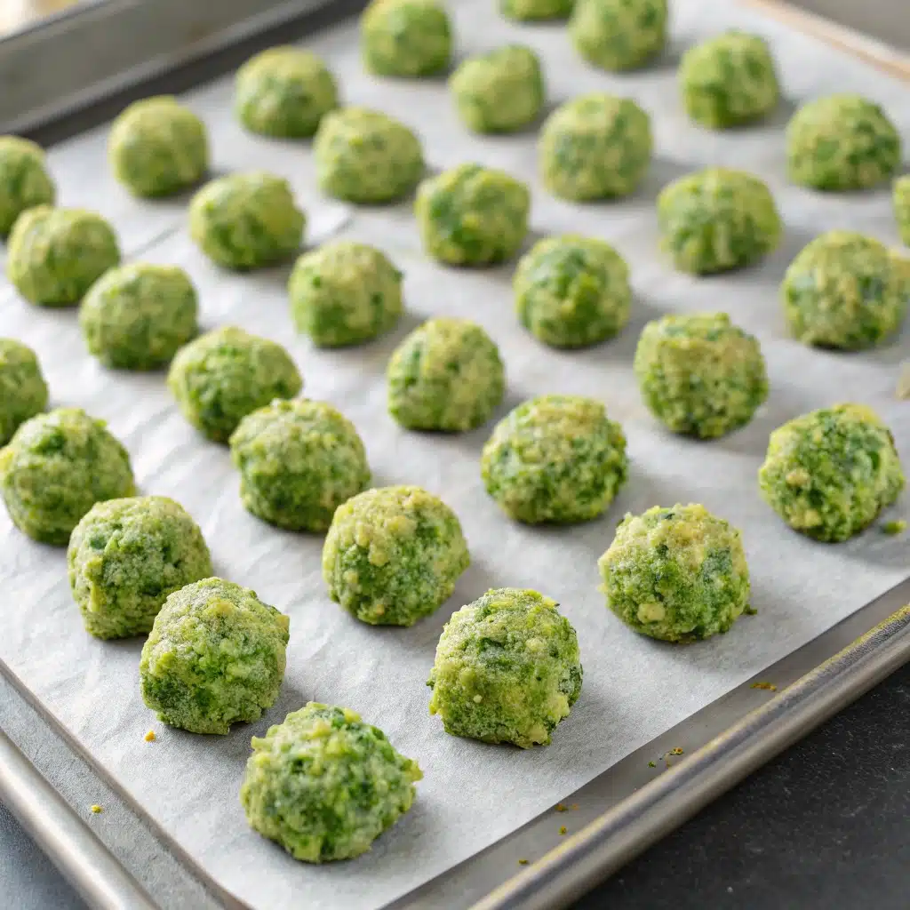 Raw, formed Broccoli Tots arranged on a baking sheet and ready to be baked.