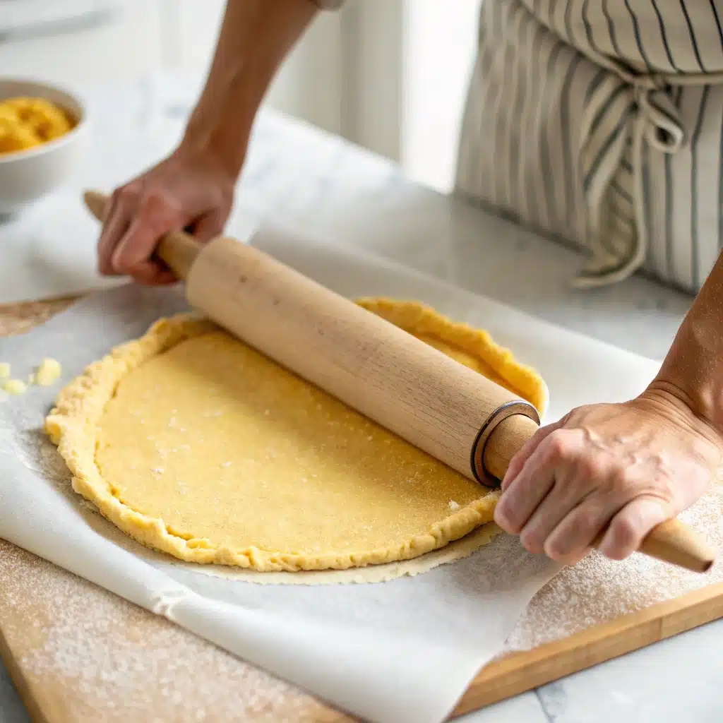 Rolling out the dough for a homemade gluten free quiche crust on parchment paper.
