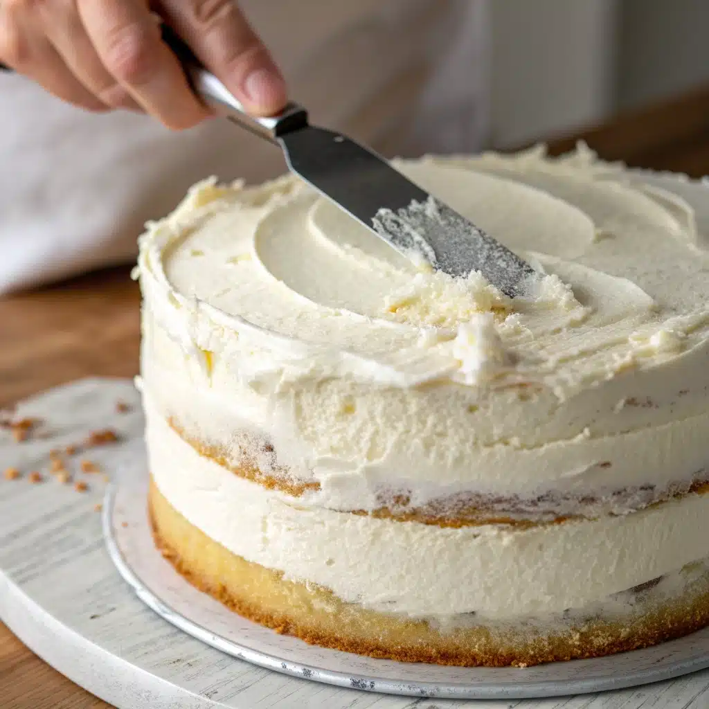 Frosting the gluten free vanilla cake with a thick layer of homemade vanilla buttercream.