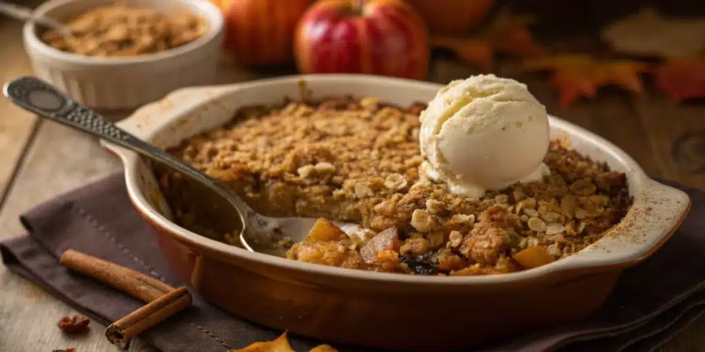A freshly baked gluten free apple crisp with oats in a baking dish, with a serving in a bowl topped with melting vanilla ice cream.