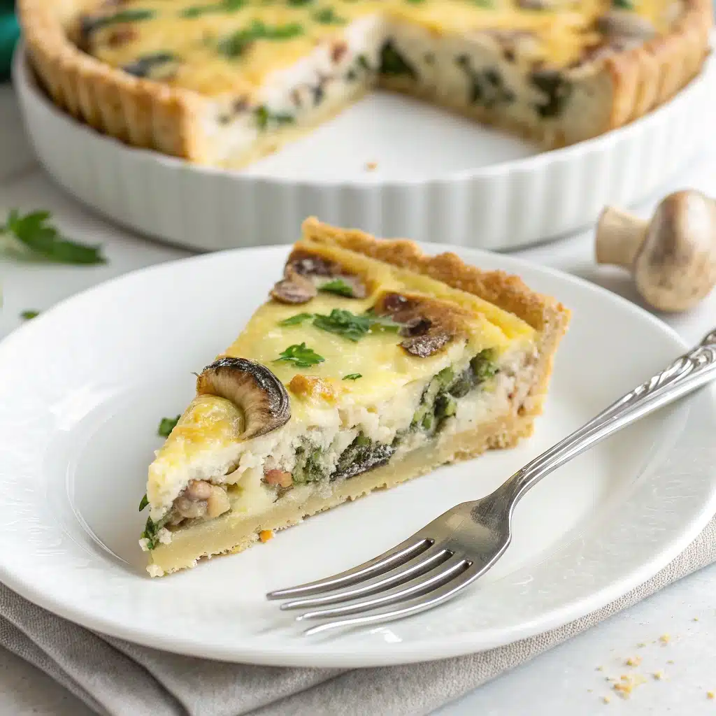 A perfect slice of homemade gluten free quiche with a rich mushroom and cheese filling on a white plate