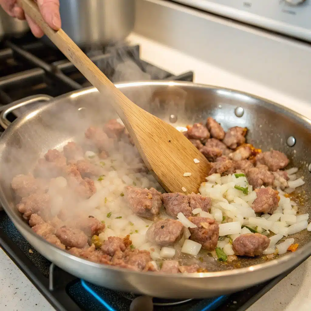 Browning Italian sausage with chopped onion and garlic in a skillet for the gluten-free spaghetti bake sauce.
