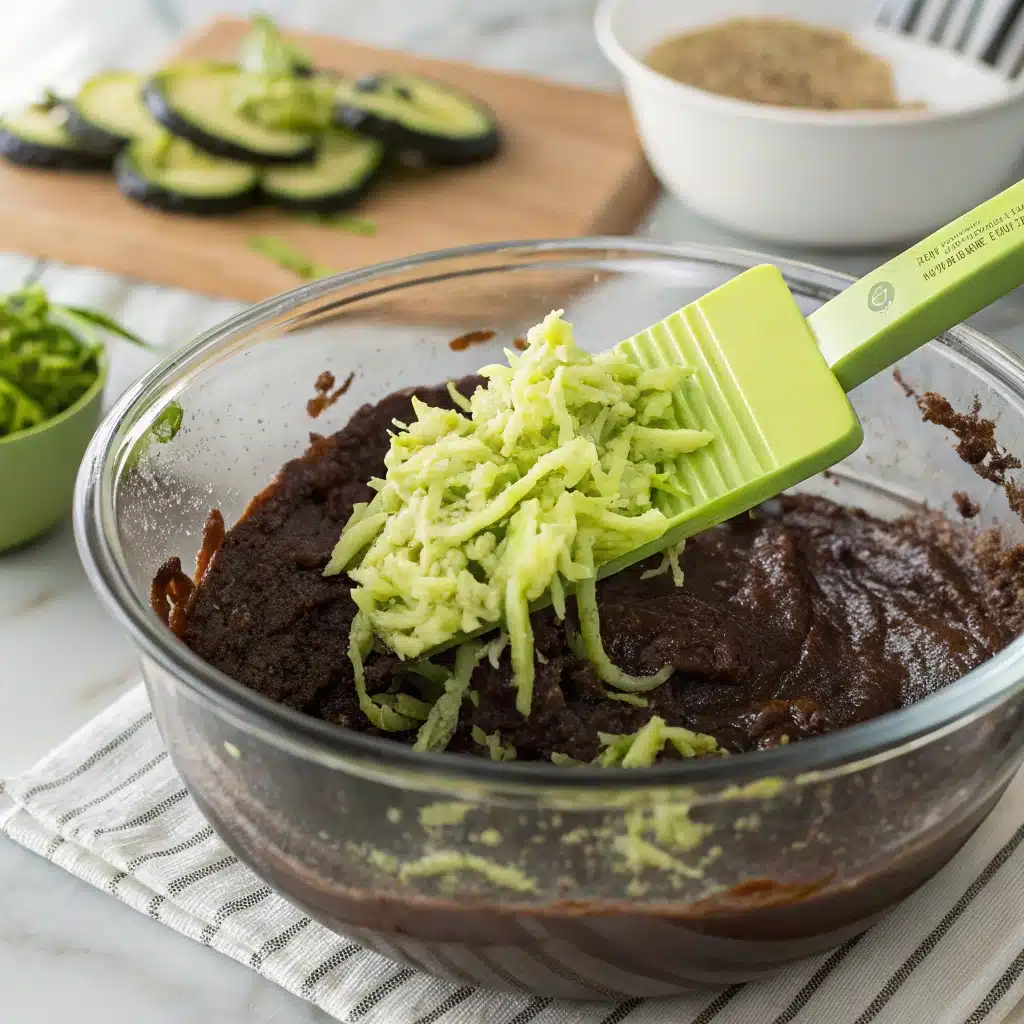 Folding finely shredded zucchini and chocolate chips into the dark chocolate batter for Gluten Free Chocolate Zucchini Muffins.
