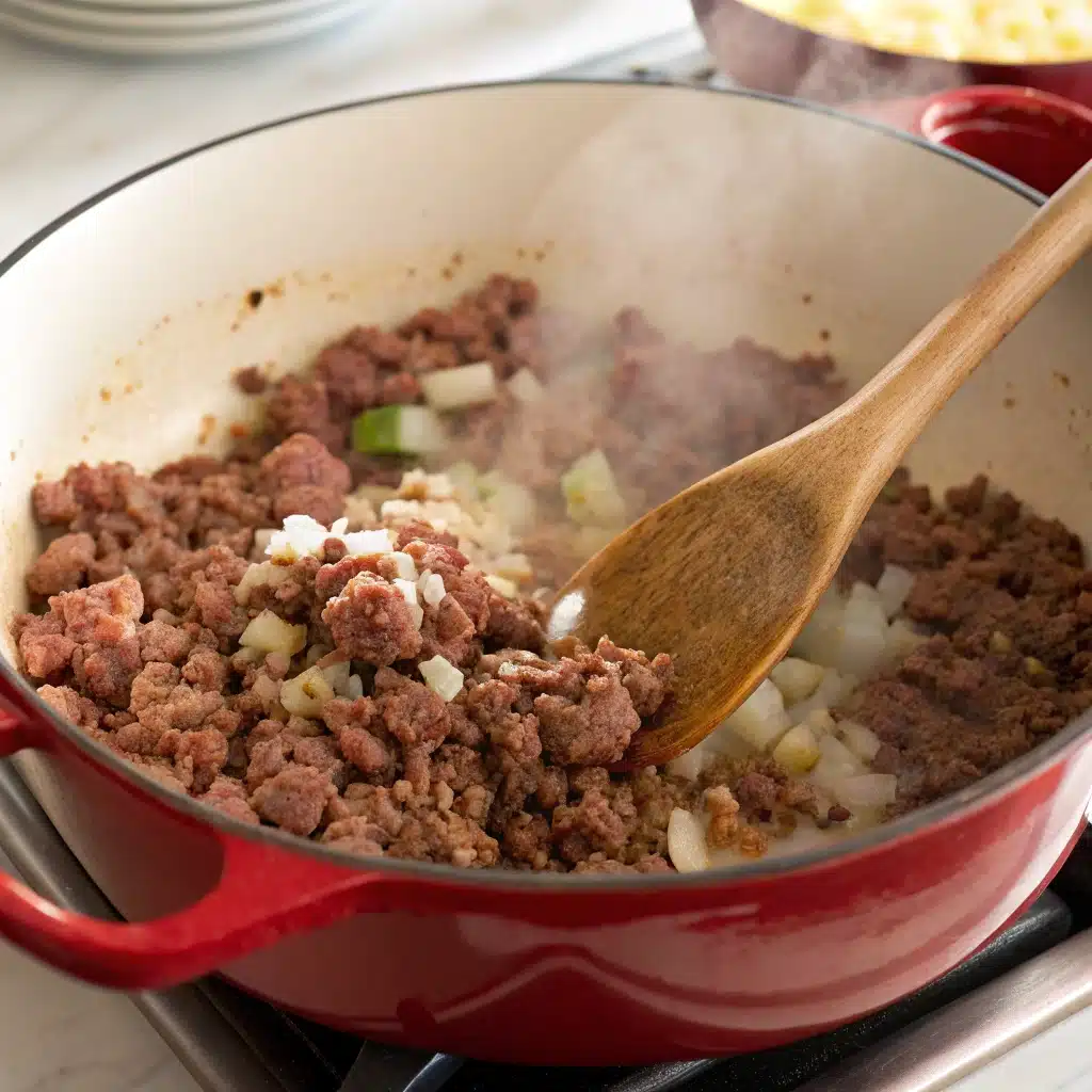 Browning ground beef, Italian sausage, and onions in a large Dutch oven for the base of the Gluten Free Lasagna Soup.