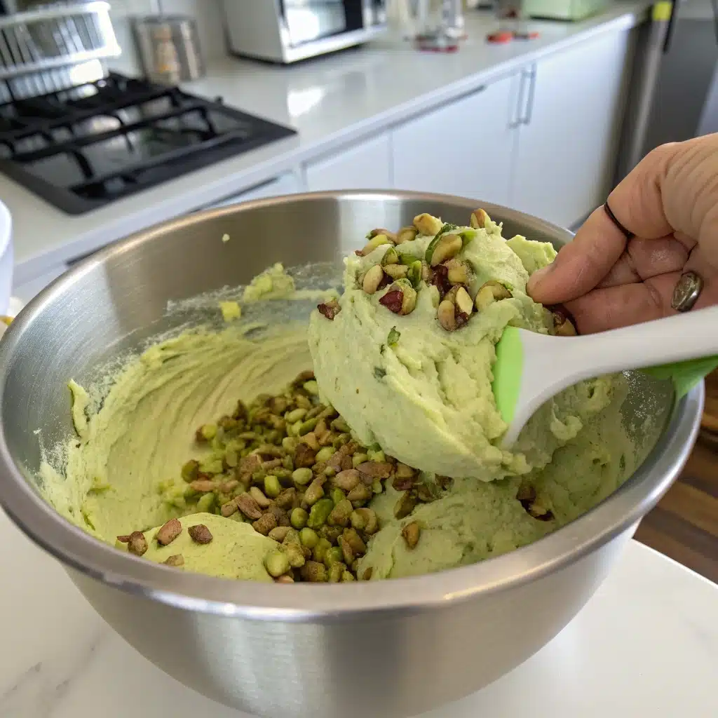 Folding whole pistachios into the soft, green dough for gluten free vegan pistachio cookies.