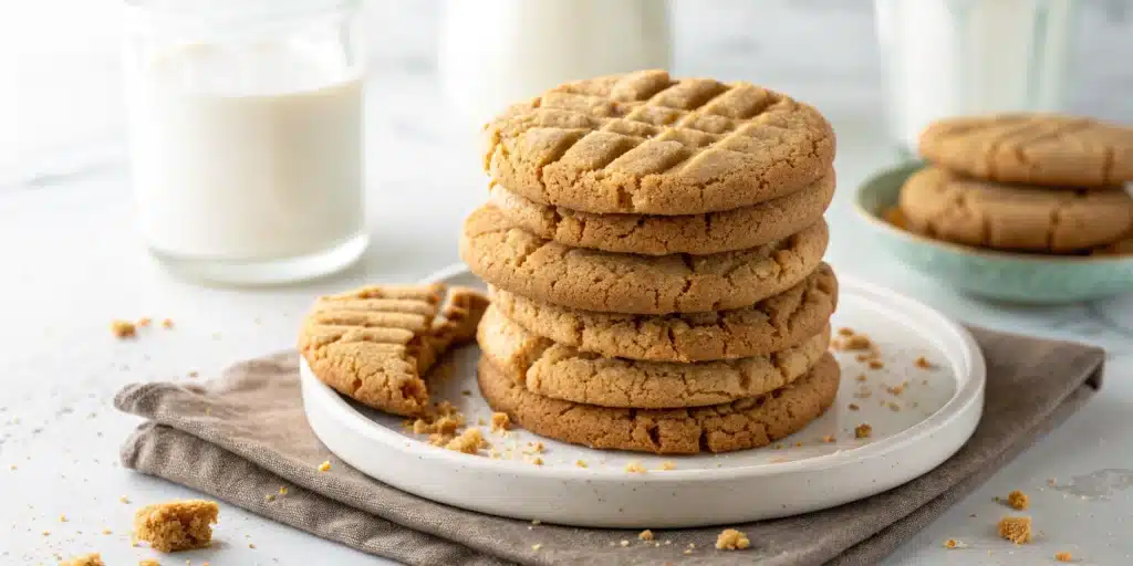 stack of irresistible gluten free peanut butter cookies on a white plate next to a glass of milk.