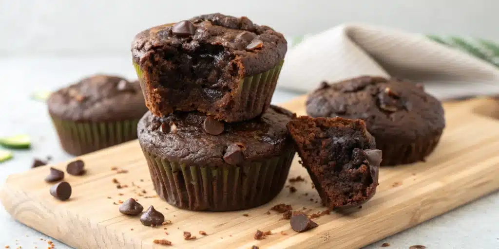 A stack of moist, fudgy Gluten Free Chocolate Zucchini Muffins loaded with chocolate chips, with one broken open to show the texture.
