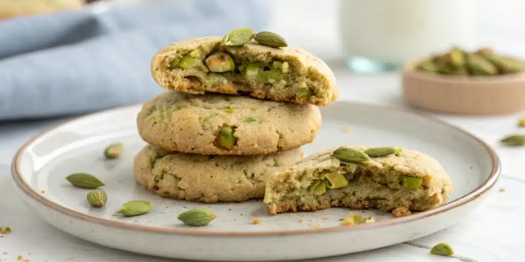 A stack of chewy gluten free vegan pistachio cookies, with one broken to show the soft interior and real pistachios.