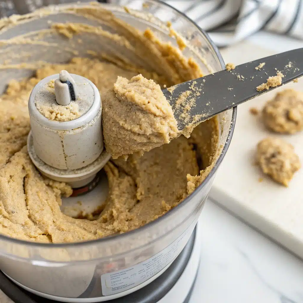 The processed gluten free lentil bread dough in a food processor, showing its thick, sticky texture.