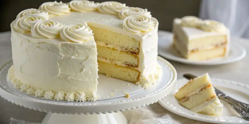 A beautiful two-layer gluten free vanilla cake with white buttercream frosting on a cake stand.