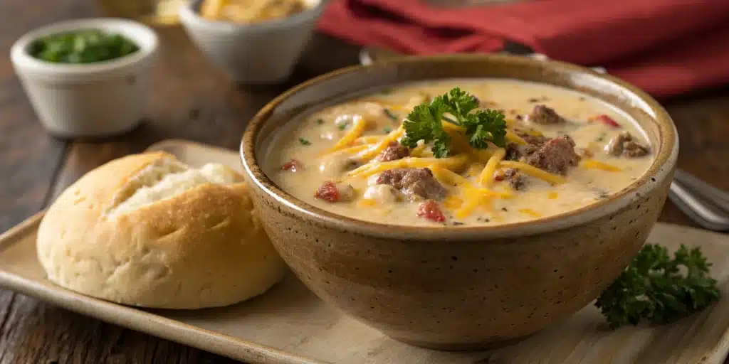 A warm bowl of the best gluten free cheeseburger soup, topped with extra cheddar cheese and served with a gluten-free roll.