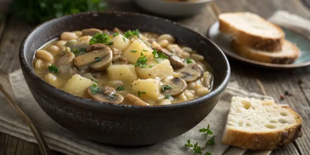 A warm, rustic bowl of Cozy White Bean Mushroom Stew with potatoes and a side of crusty bread.