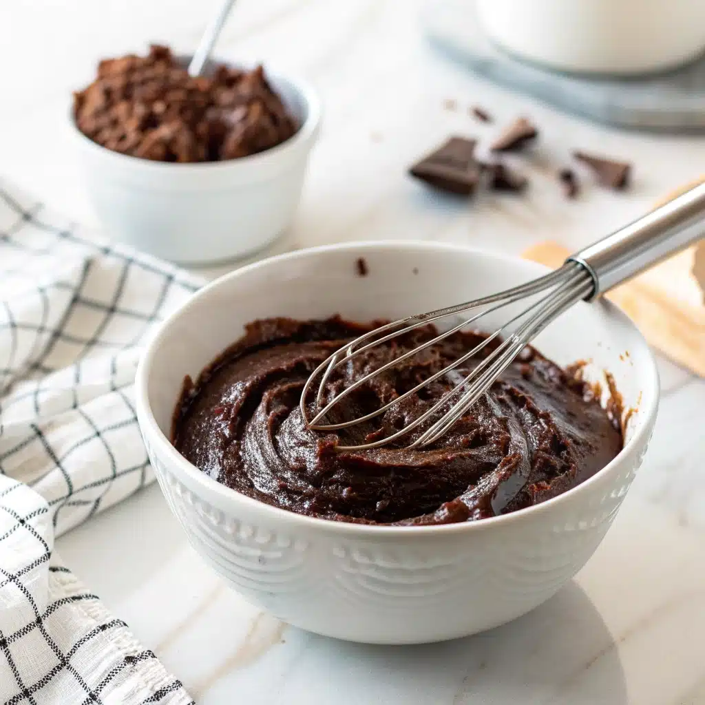 Mixing the thick, glossy batter for the gluten free brownie waffles recipe in a small bowl.