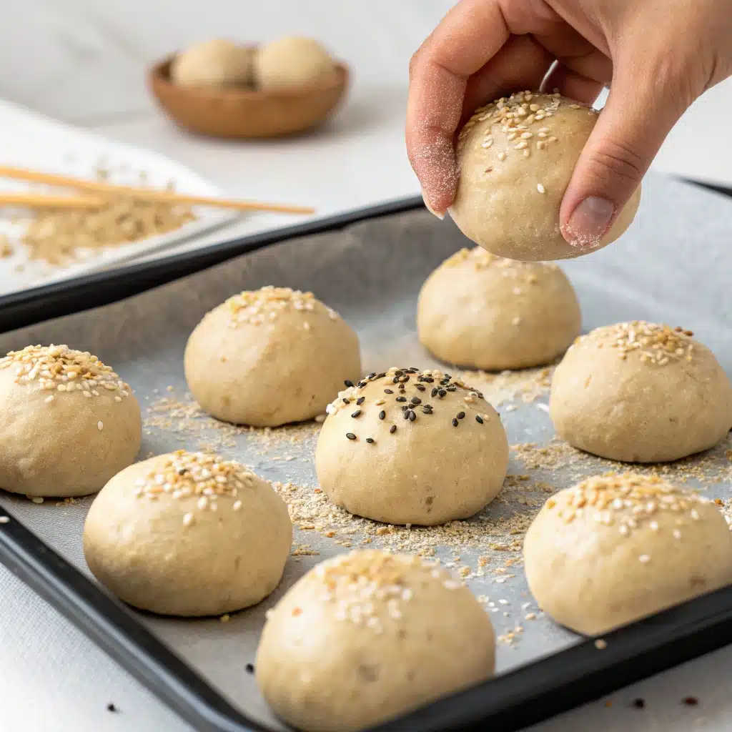 Shaping the gluten free lentil bread dough into balls and placing them on a baking sheet before baking.