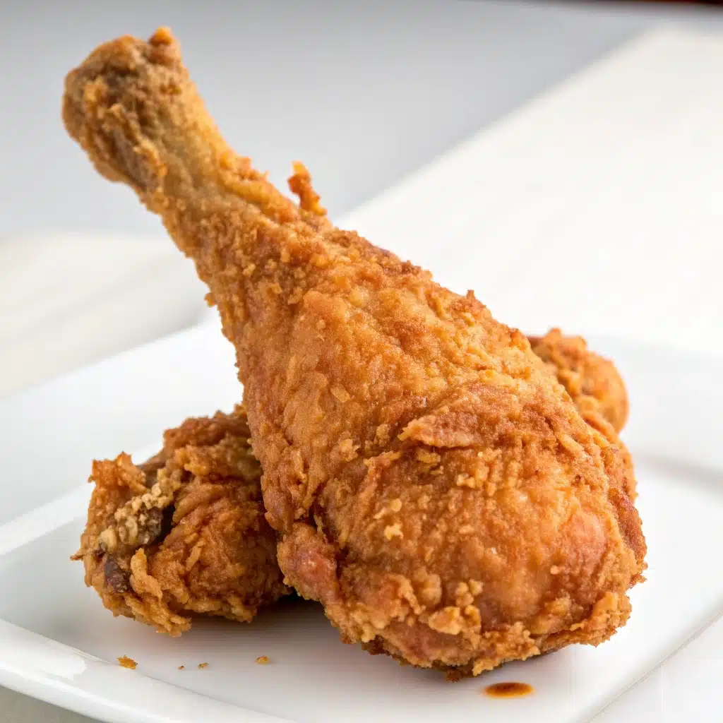 A single, perfectly crispy gluten free fried chicken drumstick against a white background.