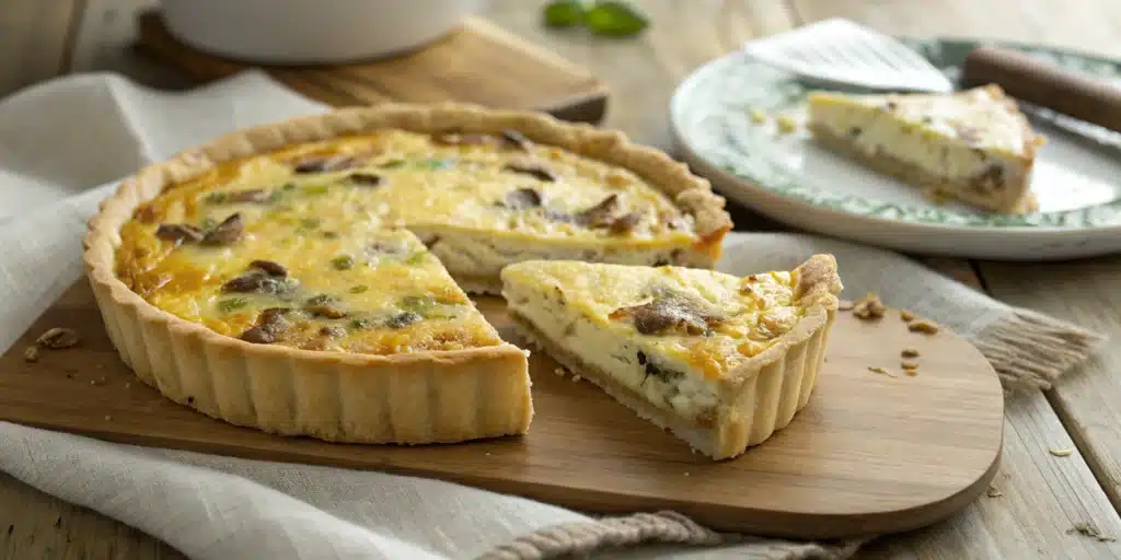 A whole gluten free quiche with a slice removed, showing the creamy mushroom filling and flaky crust.