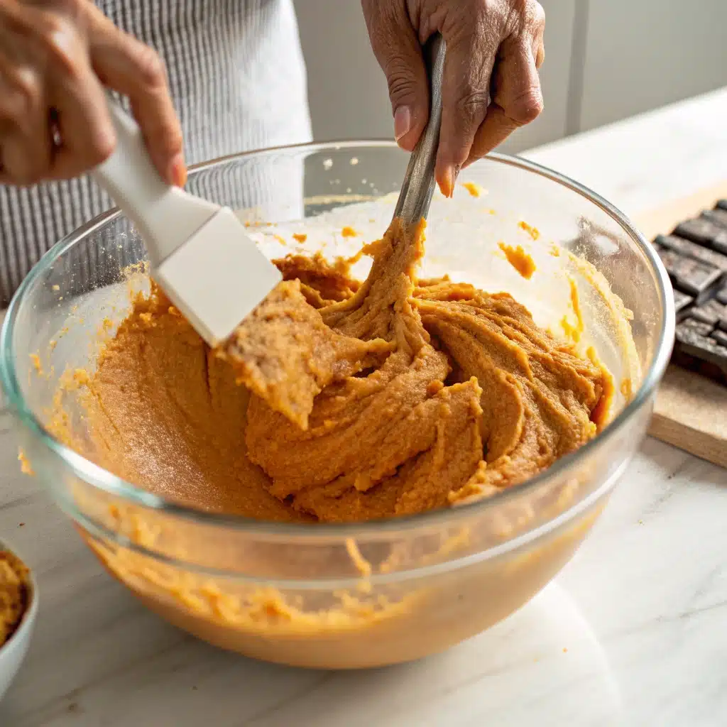 A baker's hands folding wet and dry ingredients together to make the batter for gluten free pumpkin muffins.