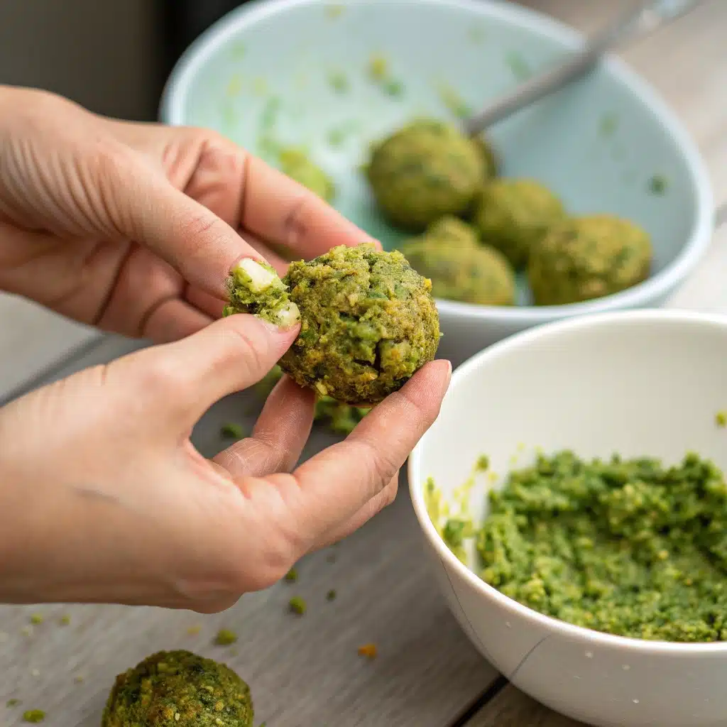 Hands shaping the fresh gluten-free falafel mixture into perfectly round patties before air frying.
