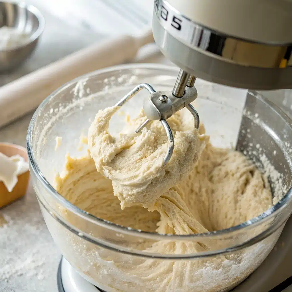 Kneading the soft, sticky dough for gluten free sandwich bread in a stand mixer.