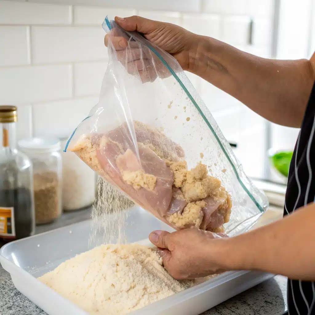 Hands shaking a large plastic bag to coat a piece of chicken in the seasoned gluten-free flour mixture.