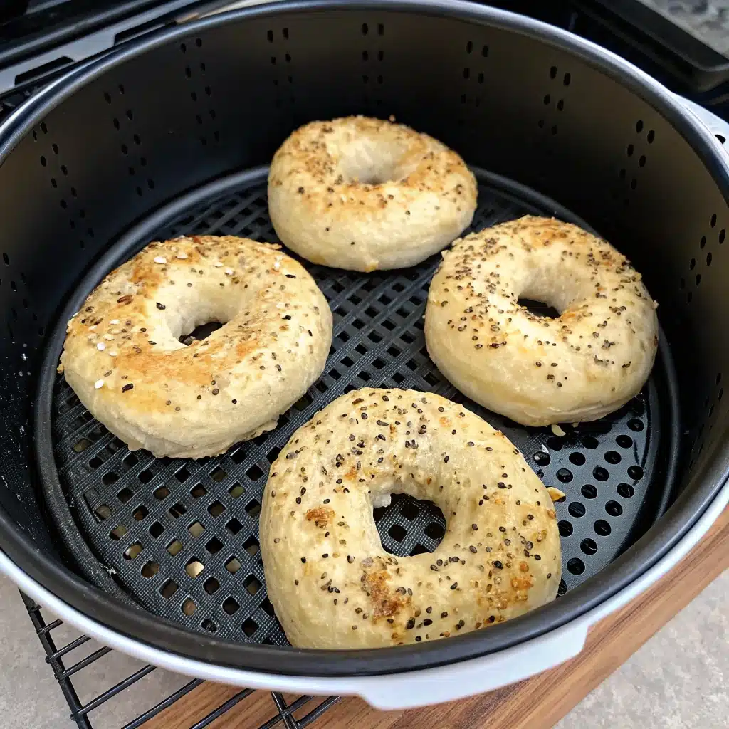 Four uncooked Gluten-Free Air Fryer Bagels arranged neatly in the air fryer basket before cooking.