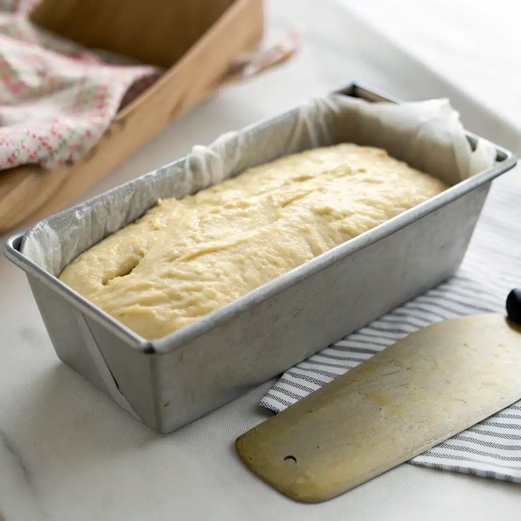 The smooth batter for the Zero Carb Yogurt Bread in a prepared loaf pan before baking.