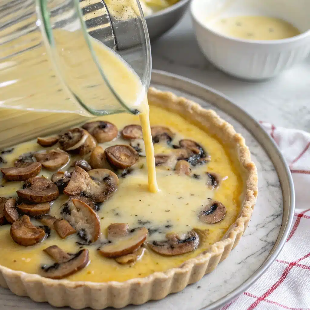 Pouring the creamy egg mixture into the crust to assemble the gluten free quiche.