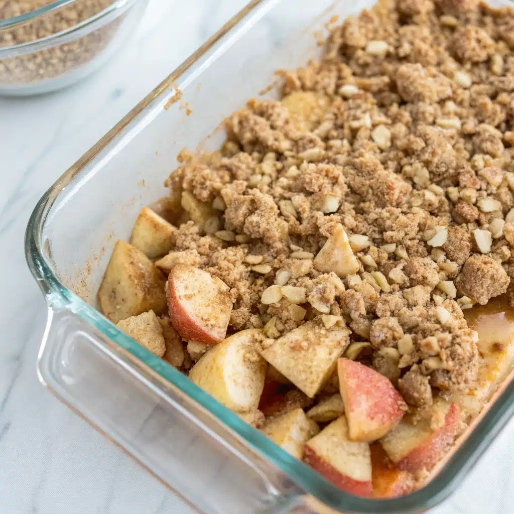 The assembled gluten free apple crisp with the oat topping sprinkled over the apples, ready to bake.