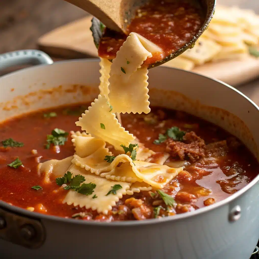 Adding broken gluten free lasagna noodles to the simmering pot of rich tomato broth for the soup.