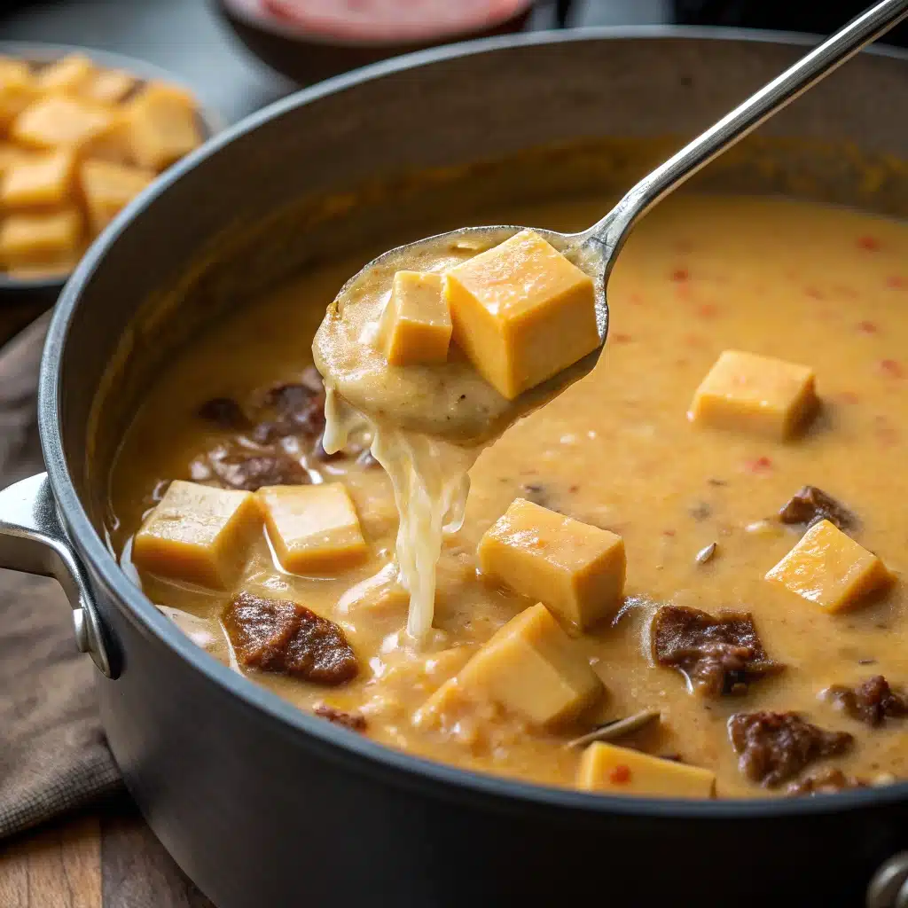 Stirring cubes of cheddar cheese into the hot gluten free cheeseburger soup until it's melted and creamy.