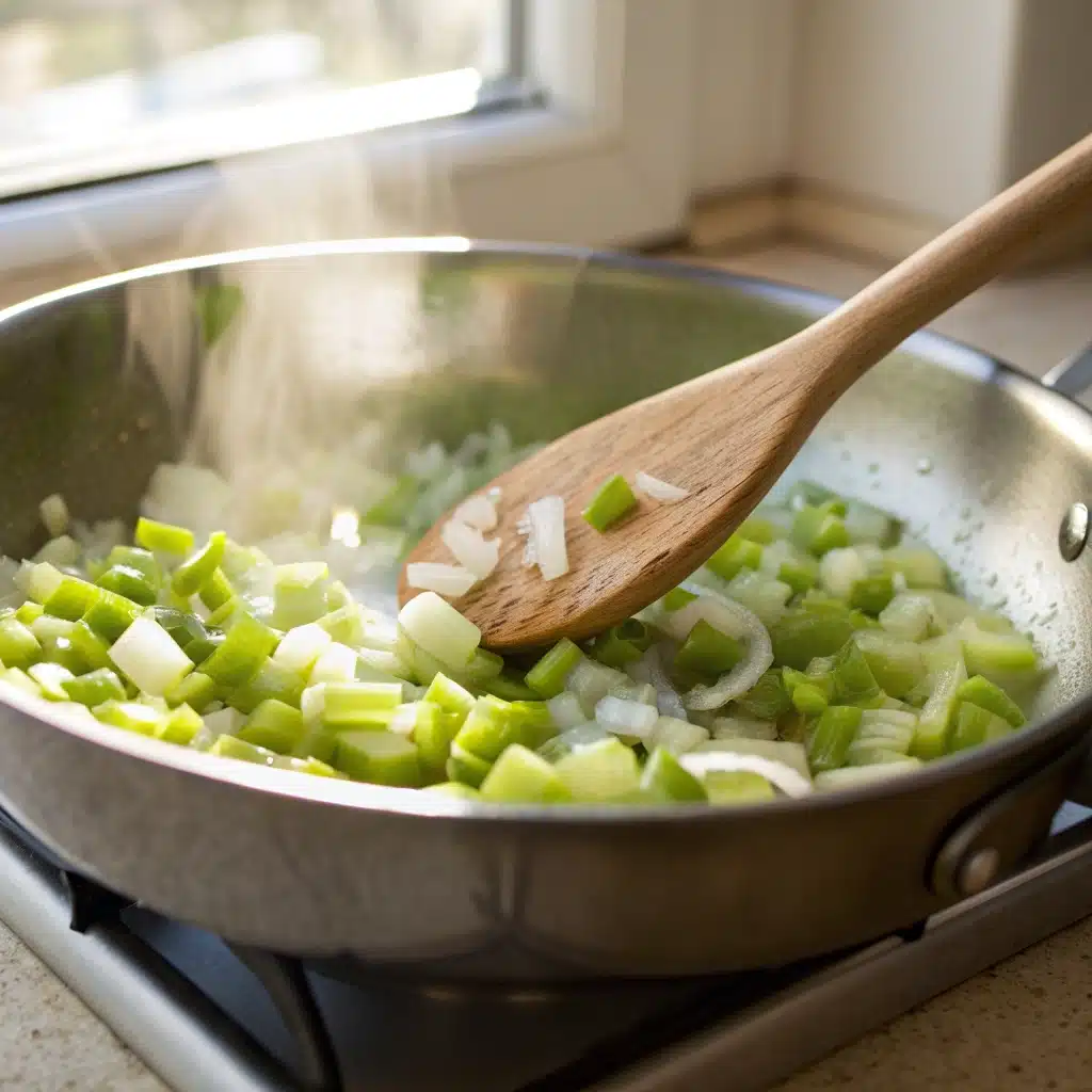 Sautéing chopped onion and celery in a skillet with butter for the gluten free stuffing recipe base.