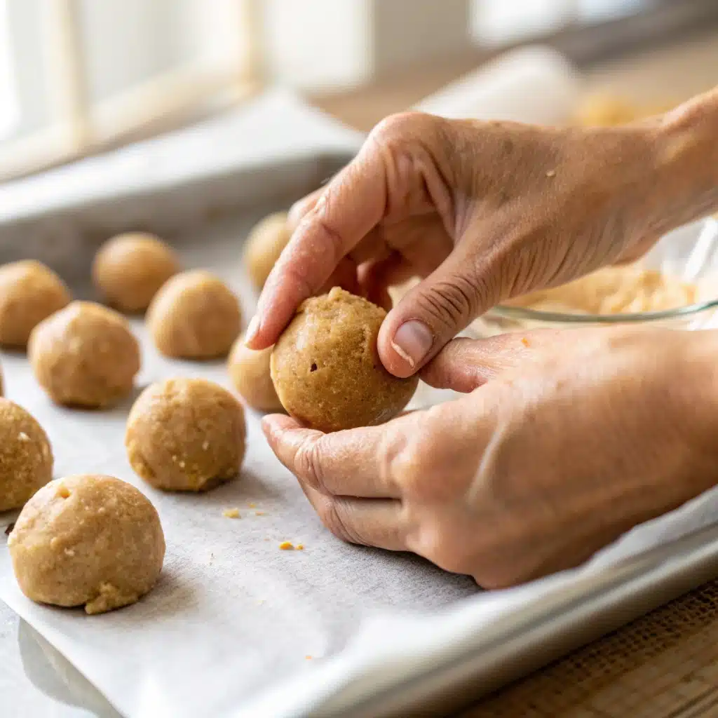 Rolling the soft and sticky gluten free peanut butter cookie dough into balls.