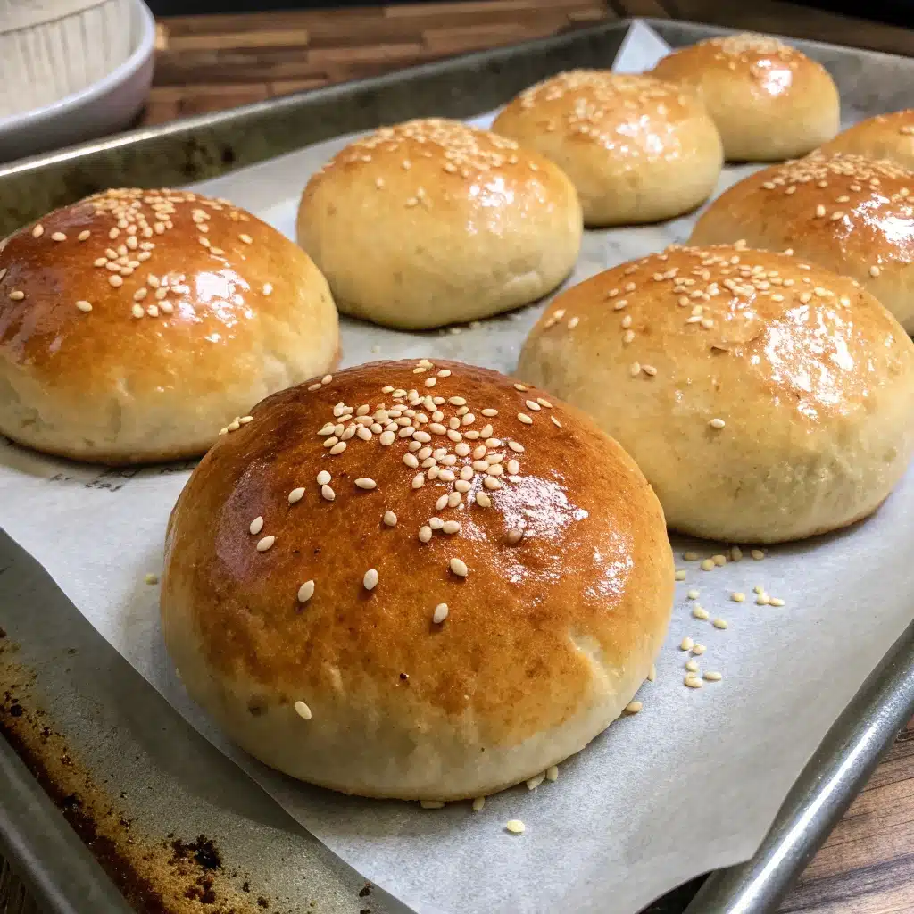 Proofed gluten free hamburger buns that have doubled in size, topped with egg wash and sesame seeds, ready to bake.
