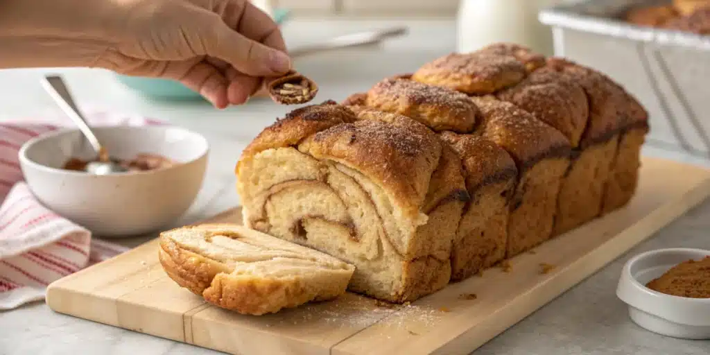 A hand pulling a gooey piece from a loaf of homemade gluten-free cinnamon pull-apart bread.