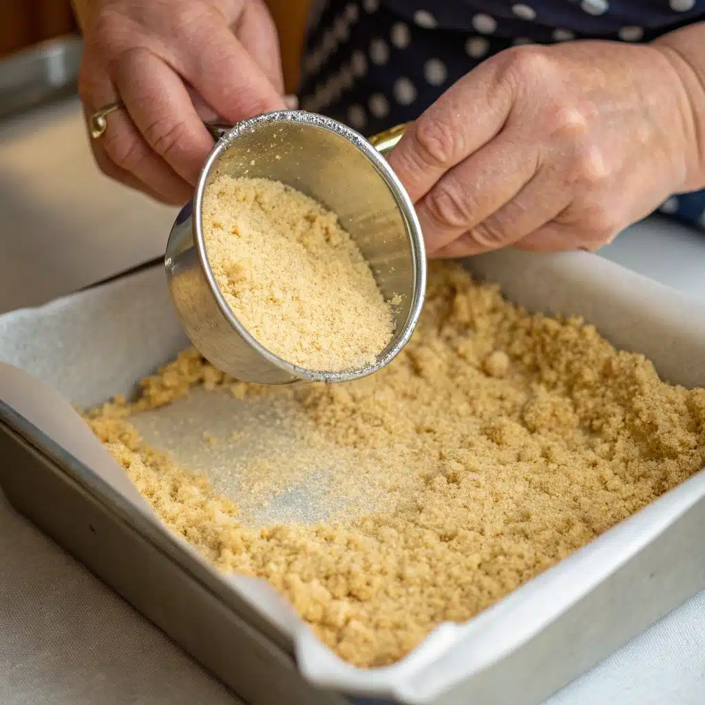 Pressing the buttery shortbread crust into a prepared pan to make Gluten-Free Lemon Bars.