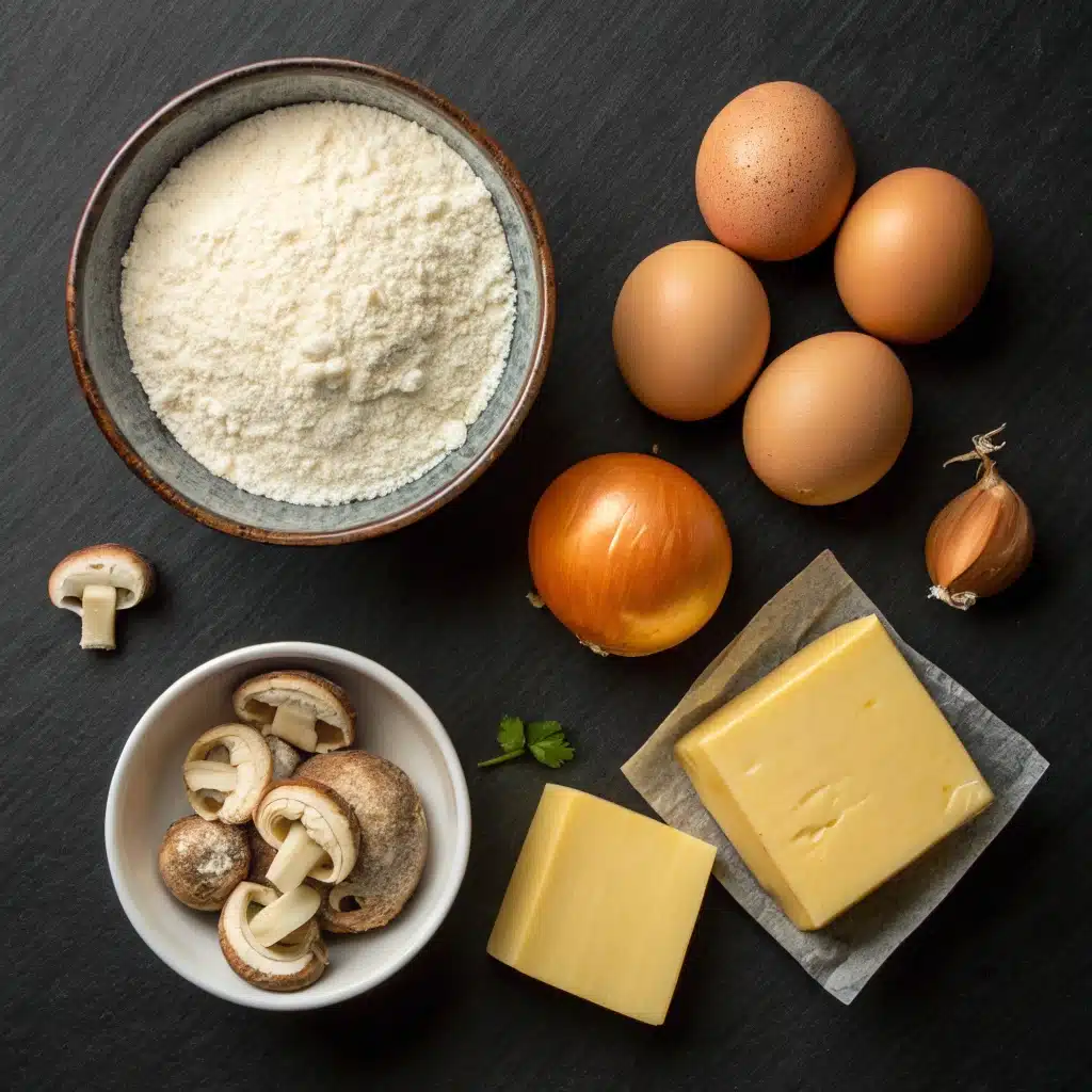 Ingredients for a gluten free quiche and its crust, including gluten-free flour, butter, cheese, and mushrooms.