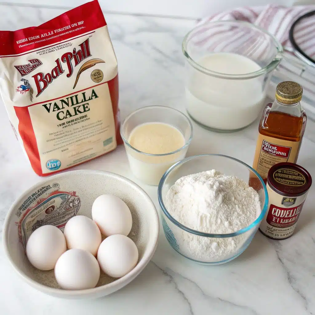 Ingredients for the gluten free vanilla cake recipe, including gluten-free flour, sugar, and eggs, arranged on a marble surface.