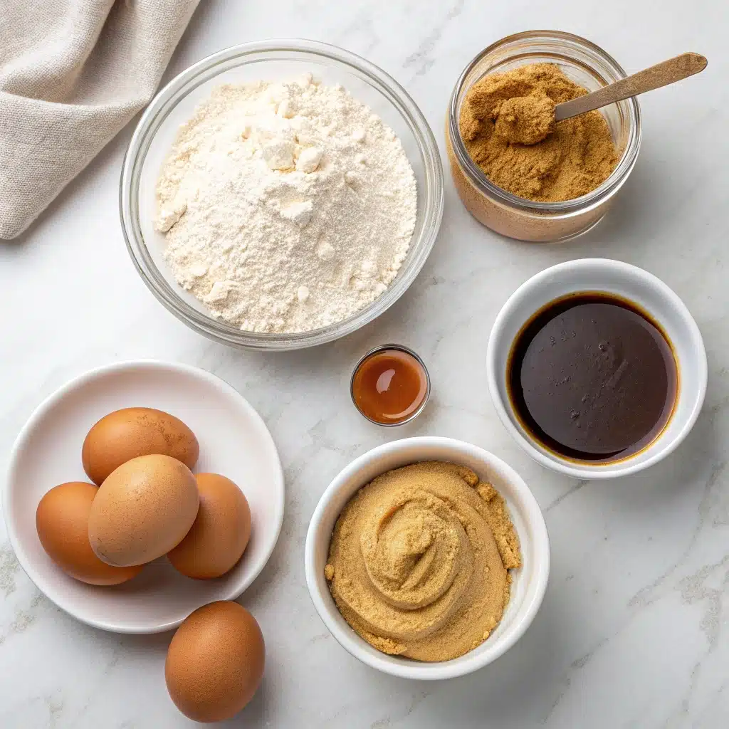 Ingredients for gluten free peanut butter cookies, including no-stir peanut butter, gluten-free flour, and sugar.