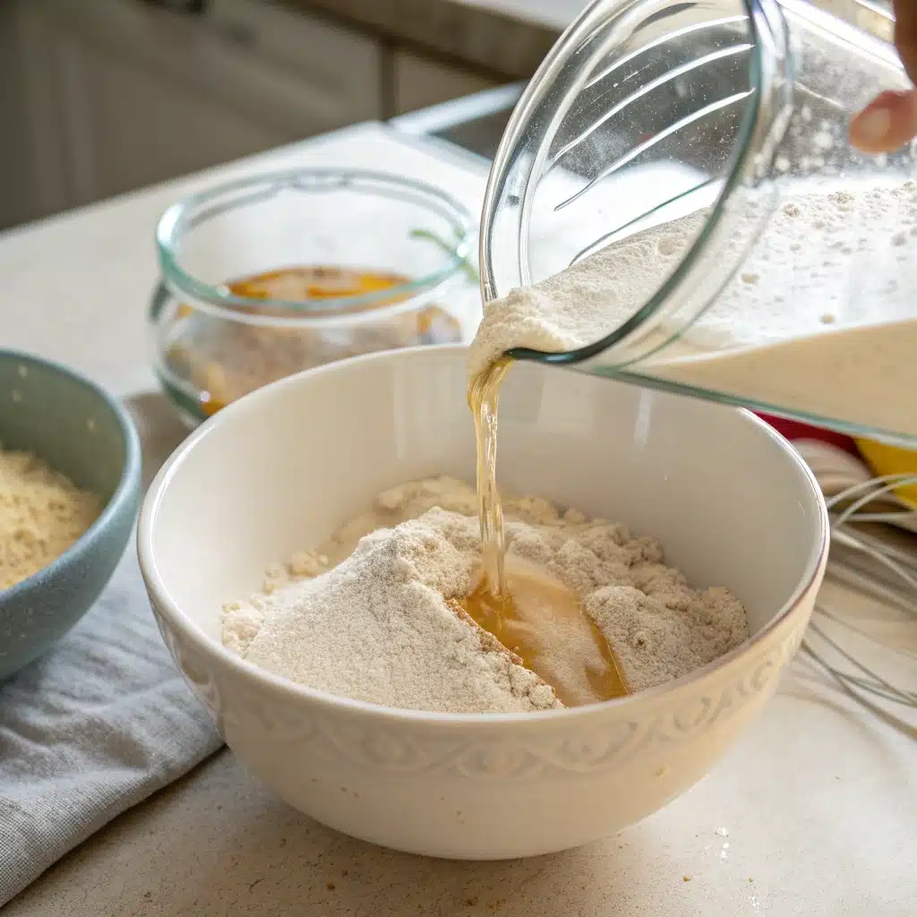 A photo showing the wet ingredients being poured into the dry ingredients to create the gluten free protein pancake batter.